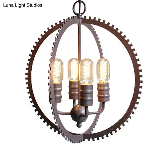 Industrial Hanging Chandelier In Bronze With Globe Shade For Dining Room - 4 Lights Ceiling Pendant