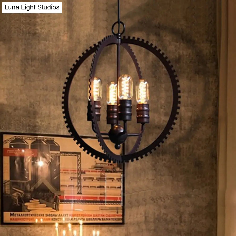 Industrial Metal Hanging Chandelier With 4-Lights Globe Shade And Bronze Finish For Dining Room