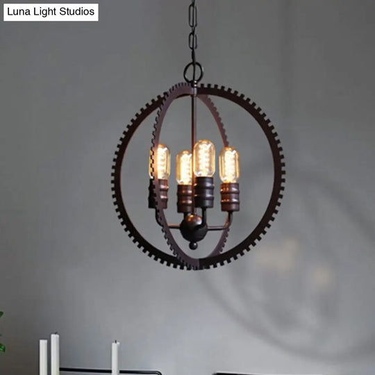 Industrial Hanging Chandelier In Bronze With Globe Shade For Dining Room - 4 Lights Ceiling Pendant