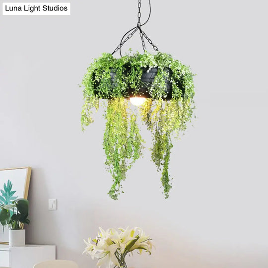 Industrial Metal Hanging Lamp Kit - Tyre Dining Room Fixture With Vine Decoration
