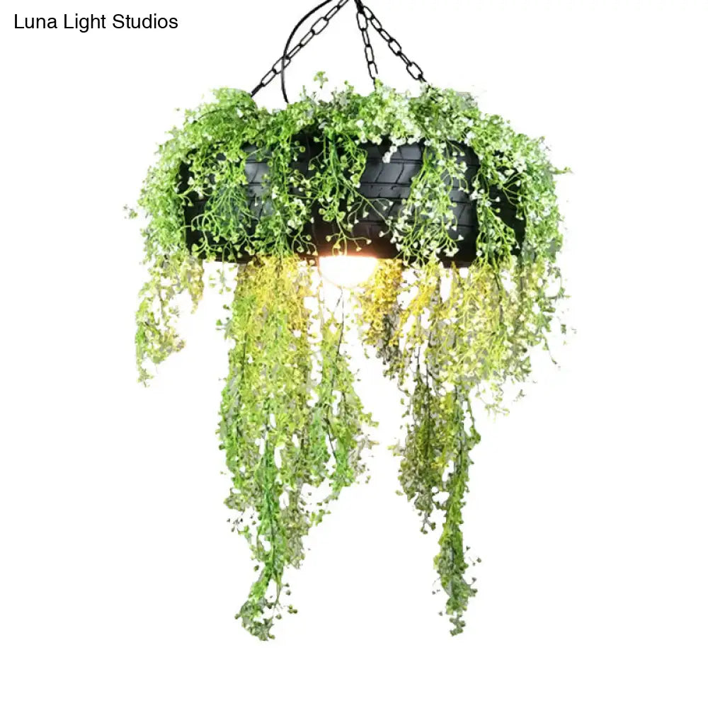 Industrial Metal Hanging Lamp Kit - Tyre Dining Room Fixture With Vine Decoration Green