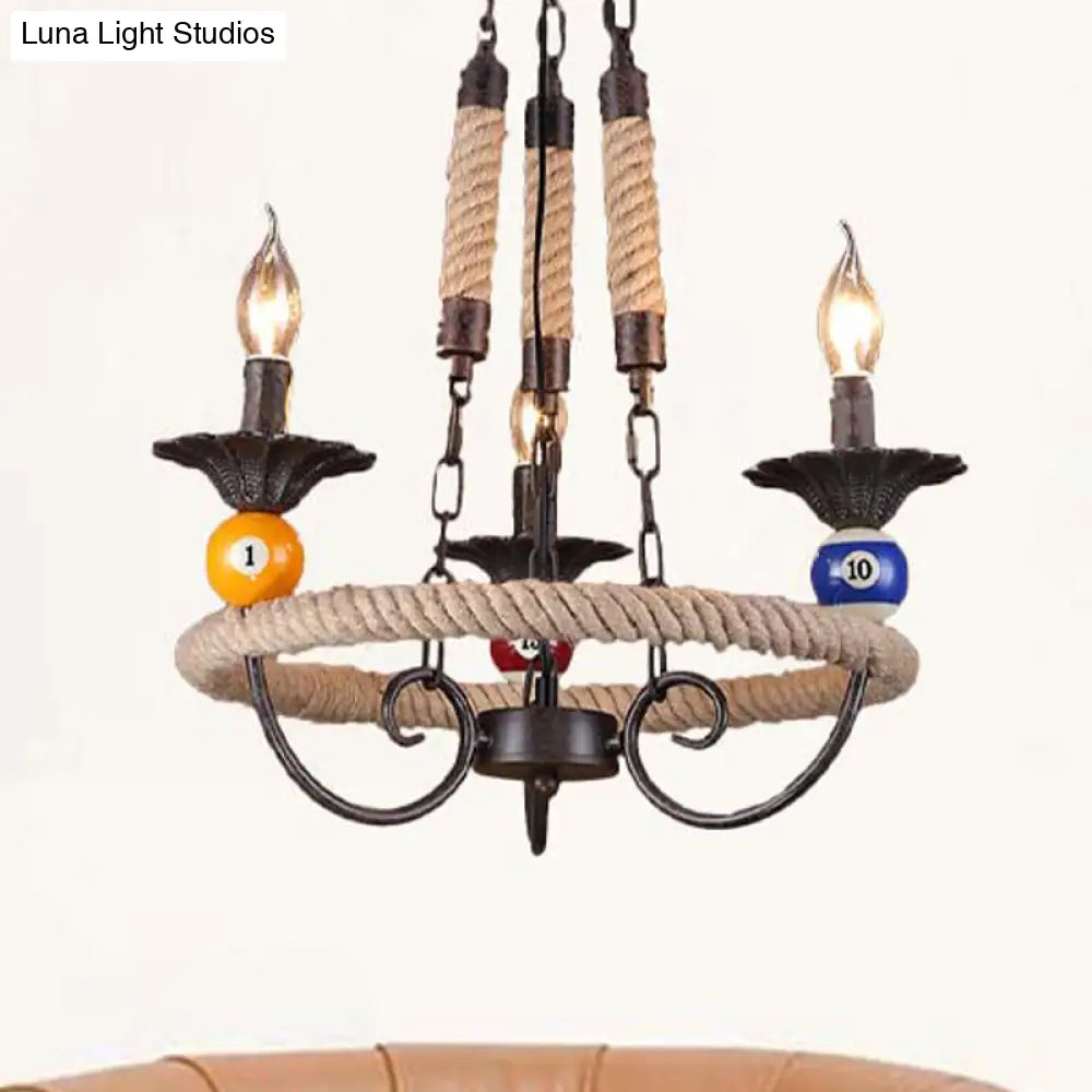 Industrial Metal Hanging Lamp: Roped Ring Bar 3/6 Lights Rust Chandelier With Billiard Ball