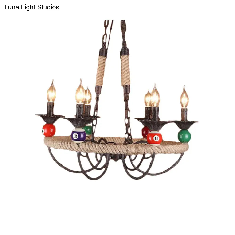 Industrial Metal Chandelier With Roped Ring Bar And Billiard Ball Décor - 3/6 Lights Rust Hanging