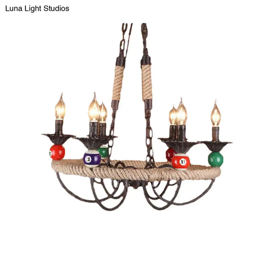 Industrial Metal Chandelier With Roped Ring Bar And Billiard Ball Décor - 3/6 Lights Rust Hanging