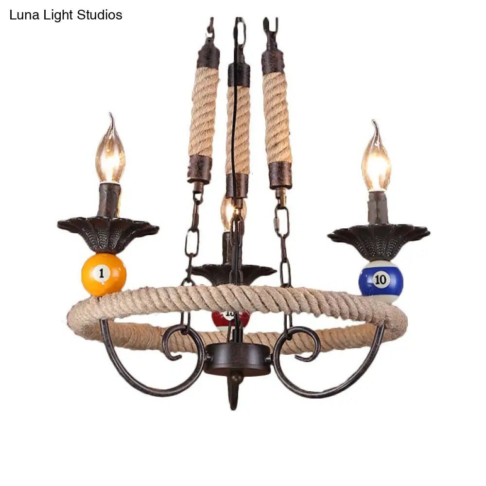 Industrial Metal Hanging Lamp: Roped Ring Bar 3/6 Lights Rust Chandelier With Billiard Ball