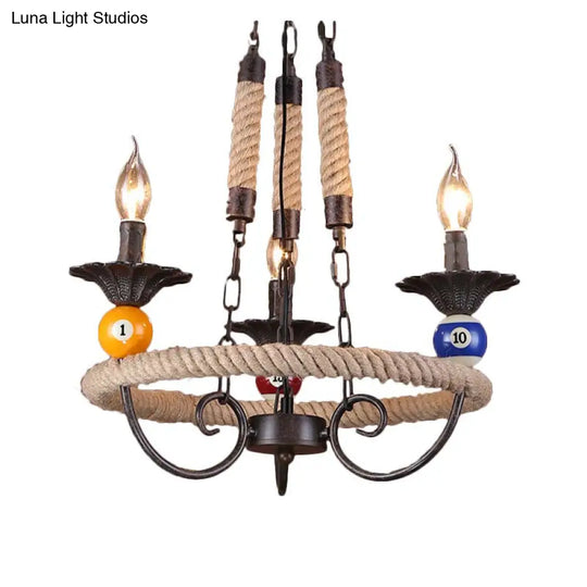 Industrial Metal Chandelier With Roped Ring Bar And Billiard Ball Décor - 3/6 Lights Rust Hanging