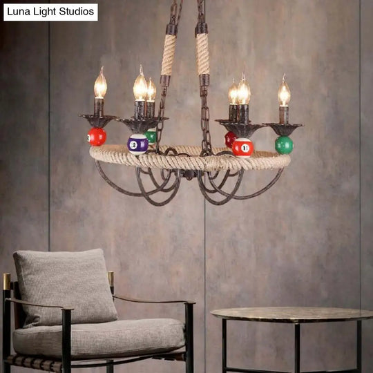 Industrial Metal Chandelier With Roped Ring Bar And Billiard Ball Décor - 3/6 Lights Rust Hanging