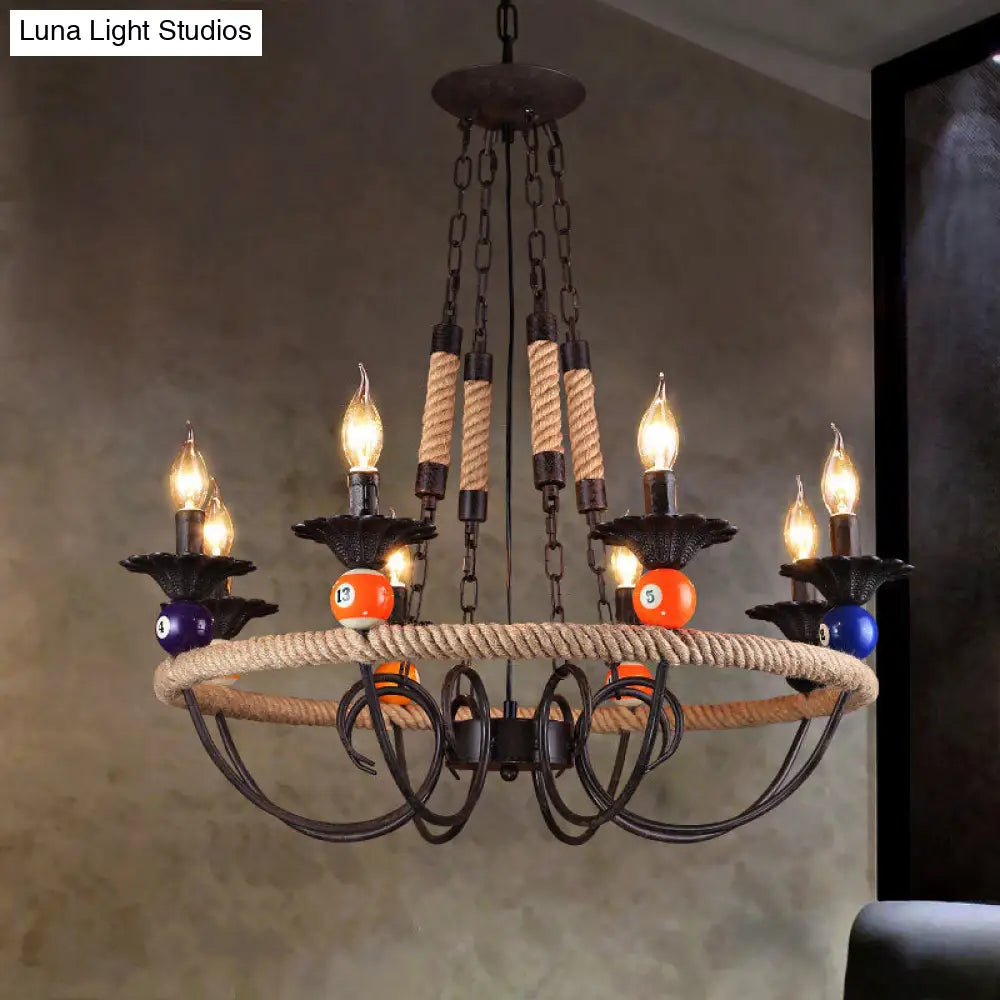 Industrial Metal Hanging Lamp: Roped Ring Bar 3/6 Lights Rust Chandelier With Billiard Ball