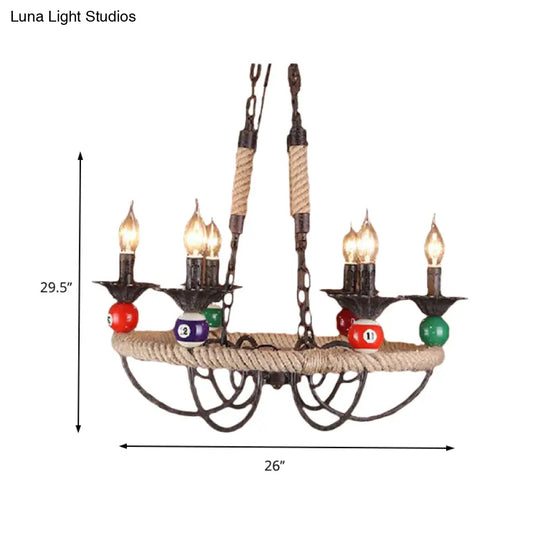 Industrial Metal Hanging Lamp: Roped Ring Bar 3/6 Lights Rust Chandelier With Billiard Ball