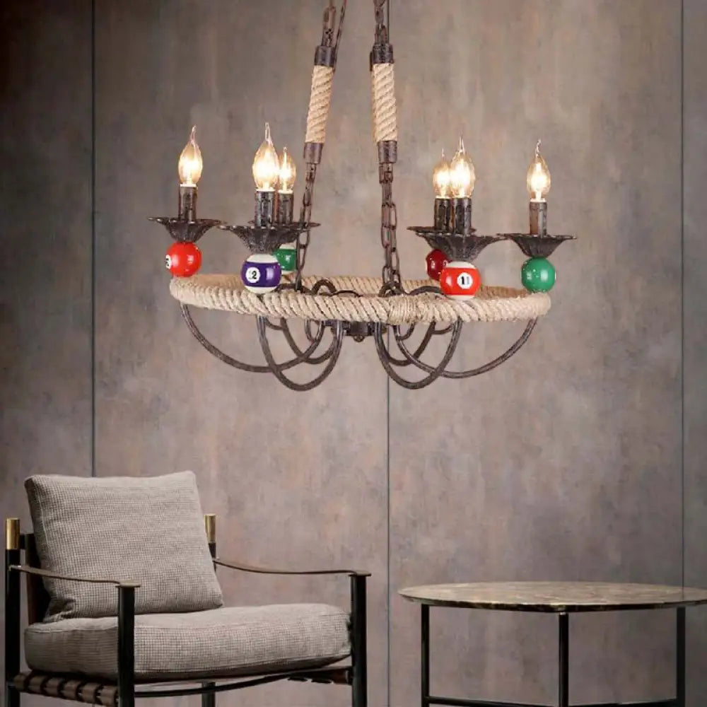 Industrial Metal Hanging Lamp: Roped Ring Bar 3/6 Lights Rust Chandelier With Billiard Ball