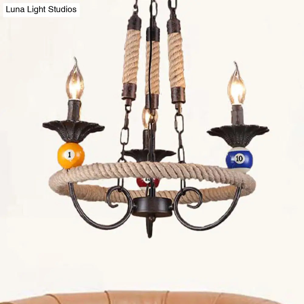 Industrial Metal Chandelier With Roped Ring Bar And Billiard Ball Décor - 3/6 Lights Rust Hanging