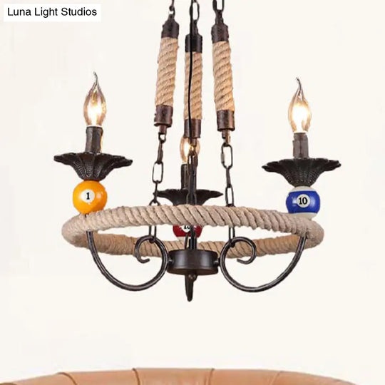 Industrial Metal Chandelier With Roped Ring Bar And Billiard Ball Décor - 3/6 Lights Rust Hanging