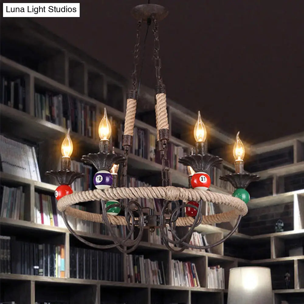 Industrial Metal Hanging Lamp: Roped Ring Bar 3/6 Lights Rust Chandelier With Billiard Ball