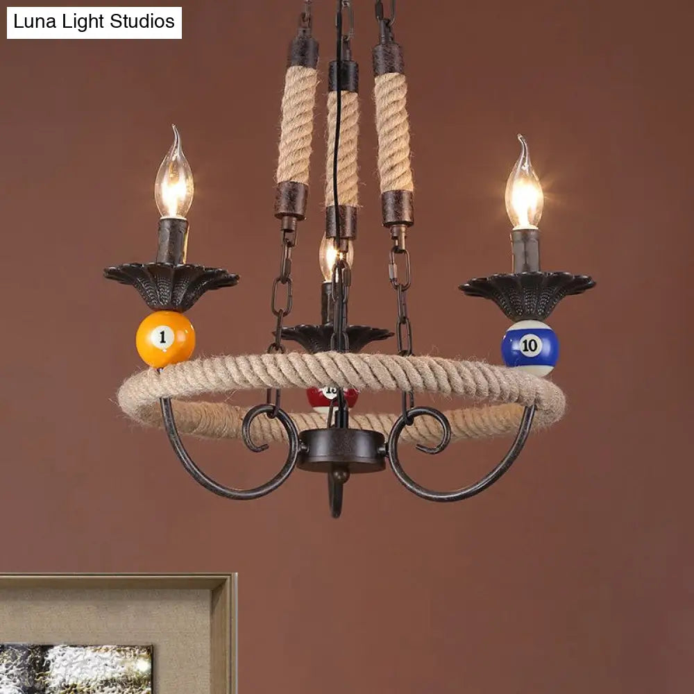 Industrial Metal Chandelier With Roped Ring Bar And Billiard Ball Décor - 3/6 Lights Rust Hanging