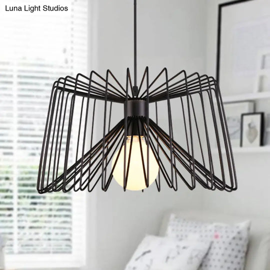 Industrial Metal Hanging Lamp With Adjustable Cord - Black/White Cage Shade Living Room Ceiling