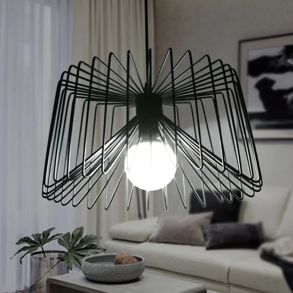 Industrial Metal Hanging Lamp With Adjustable Cord - Black/White Cage Shade Living Room Ceiling