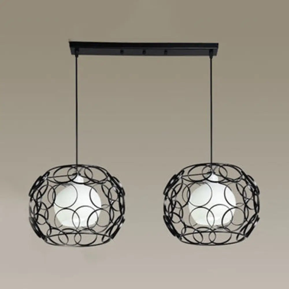 Industrial Metal Hanging Lamp With Circles Design - 2 Bulbs Inner Glass Shade Wire Frame