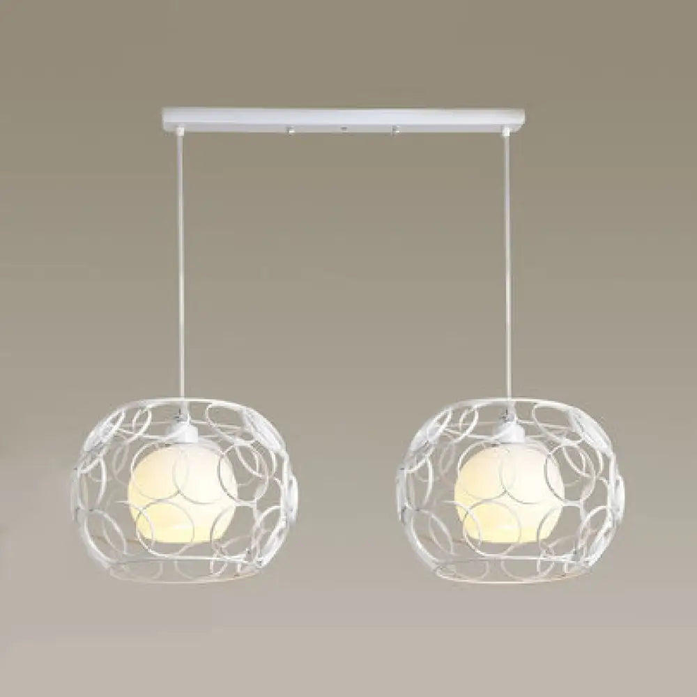 Industrial Metal Hanging Lamp With Circles Design - 2 Bulbs Inner Glass Shade Wire Frame