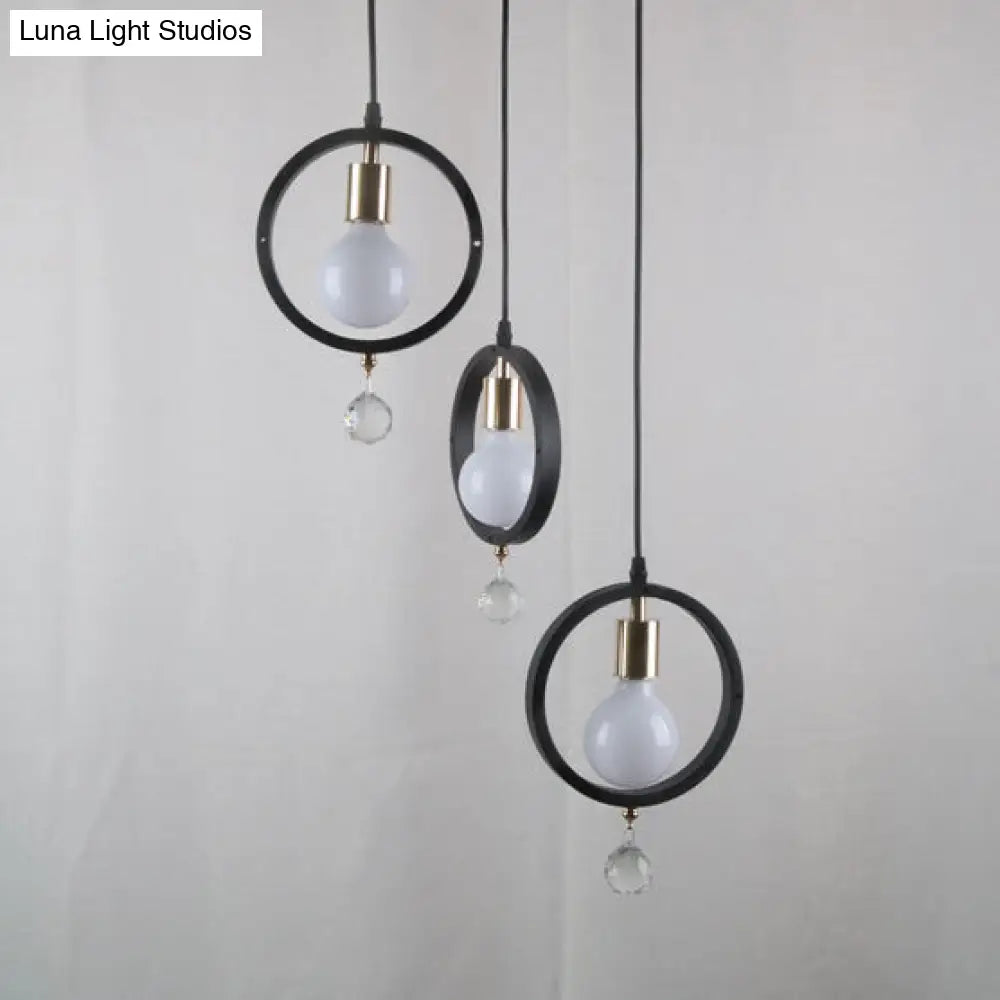 Industrial Metal Hanging Light With Ring Shade Clear Crystal Ball Deco And 3 Lights - Open Bulb