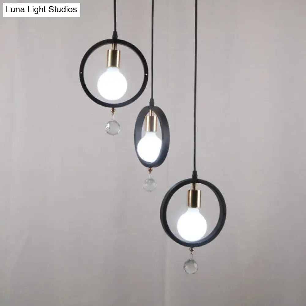 Industrial Metal Hanging Light With Ring Shade Clear Crystal Ball Deco And 3 Lights - Open Bulb
