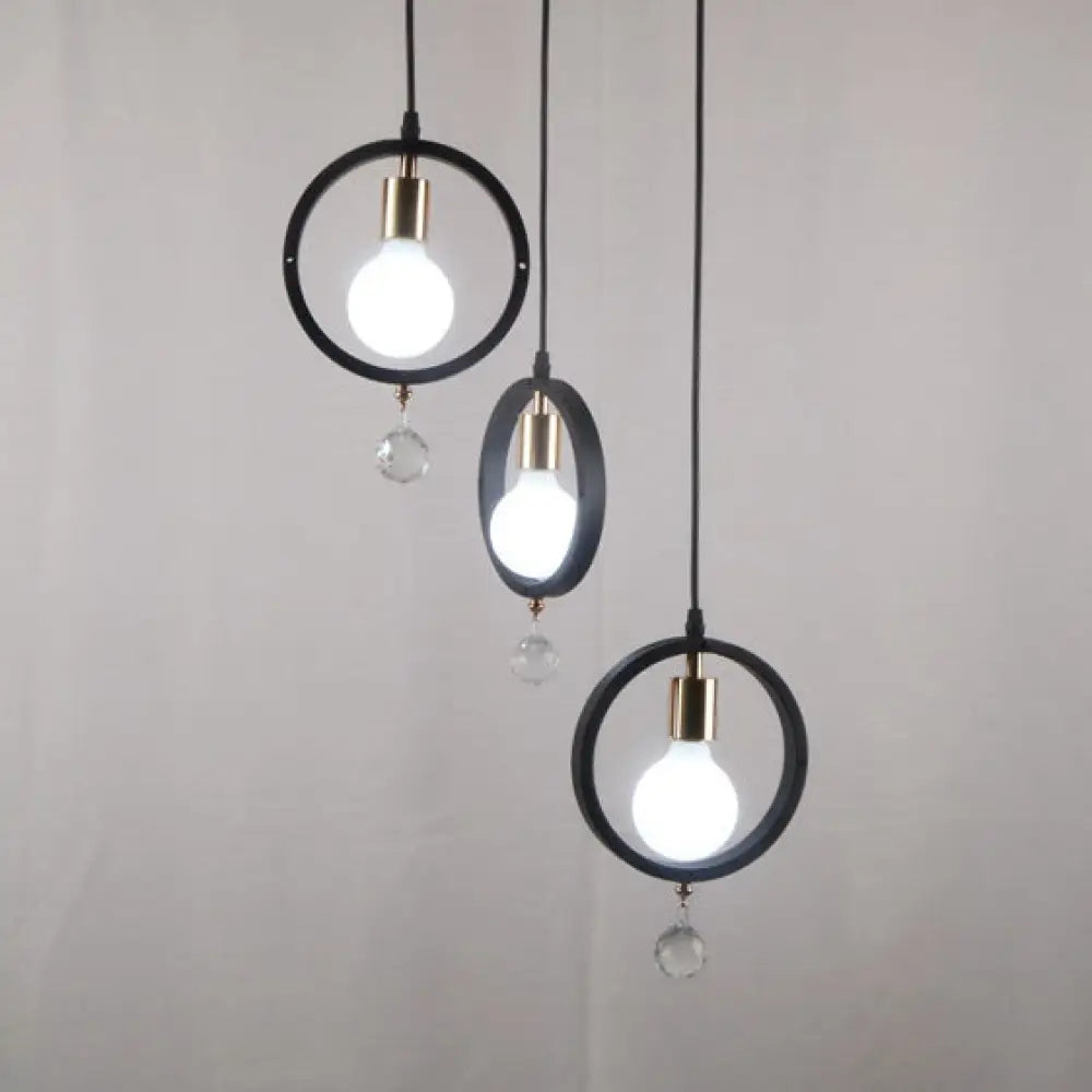 Industrial Metal Hanging Light With Ring Shade And Clear Crystal Ball Deco - 3-Light Pendant