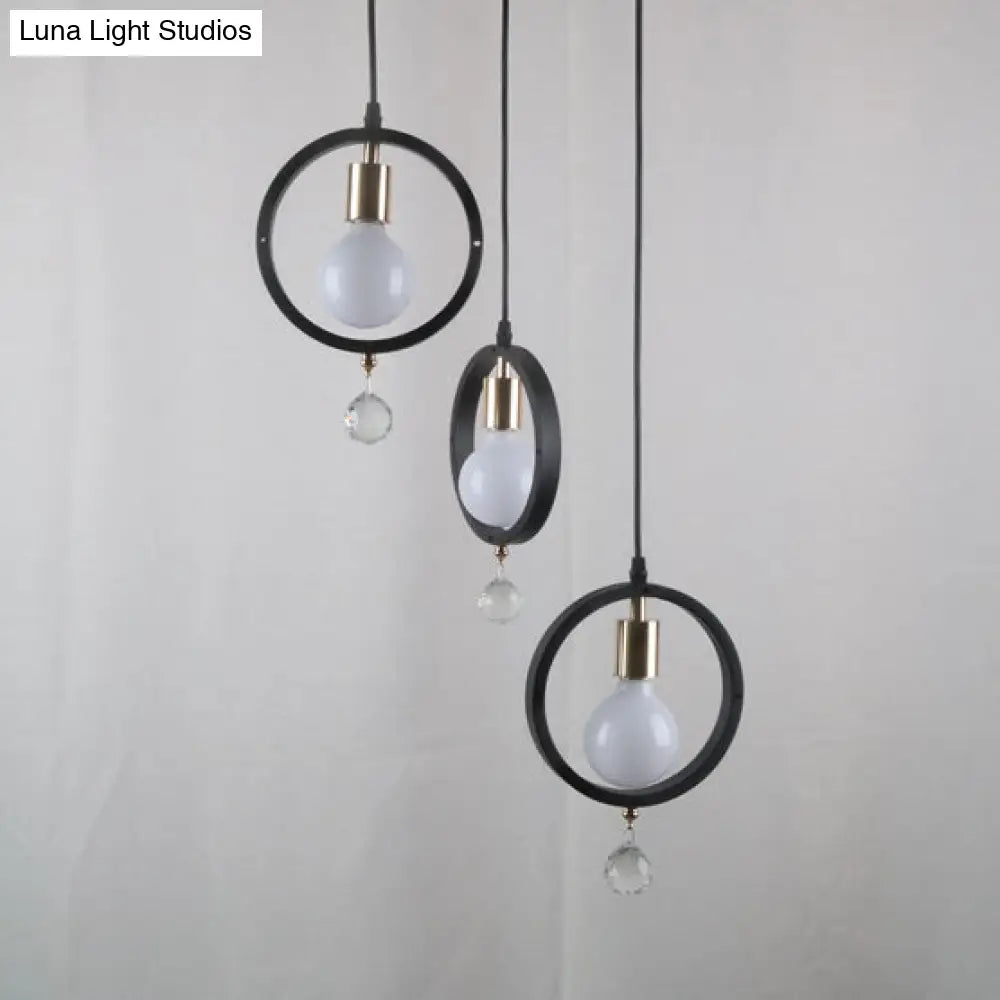 Industrial Metal Hanging Light With Ring Shade And Clear Crystal Ball Deco - 3-Light Pendant