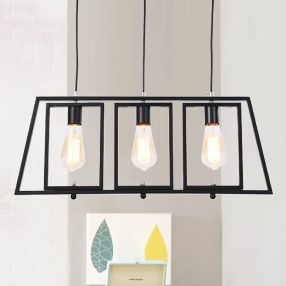 Industrial Metal Hanging Pendant Light Fixture - Trapezoid Frame 3-Light Black Rectangle Shade For