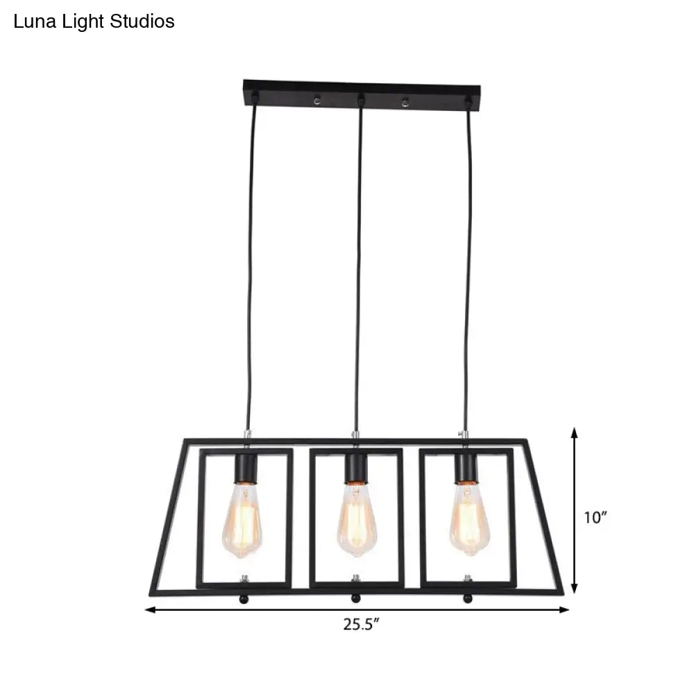 Industrial Metal Hanging Pendant Light Fixture - Trapezoid Frame 3-Light Black Rectangle Shade For