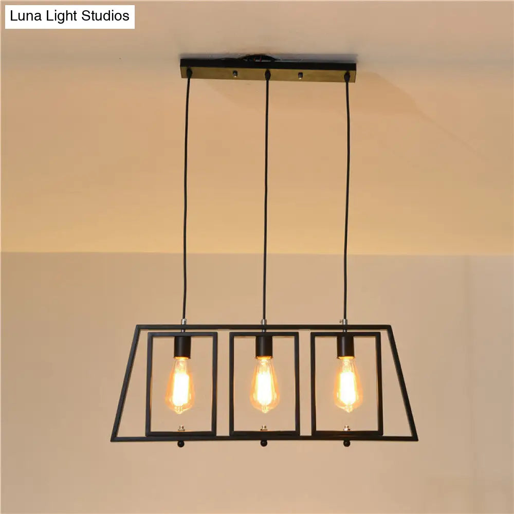 Industrial Metal Hanging Pendant Light Fixture - Trapezoid Frame 3-Light Black Rectangle Shade For