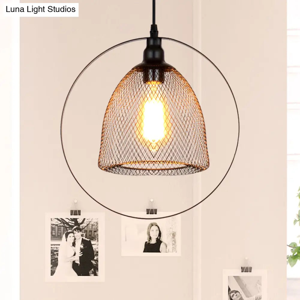 Industrial Metal Hanging Pendant Light In Black For Living Room - Single Bell/Dome Design