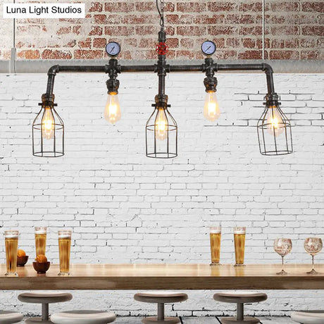 Industrial Metal Island Lighting With 5 Lights Suspension Light In Black: Pipe And Gauge Design Cage