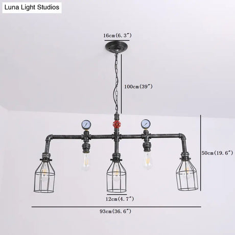 Industrial Metal Island Lighting With 5 Lights Suspension Light In Black: Pipe And Gauge Design Cage