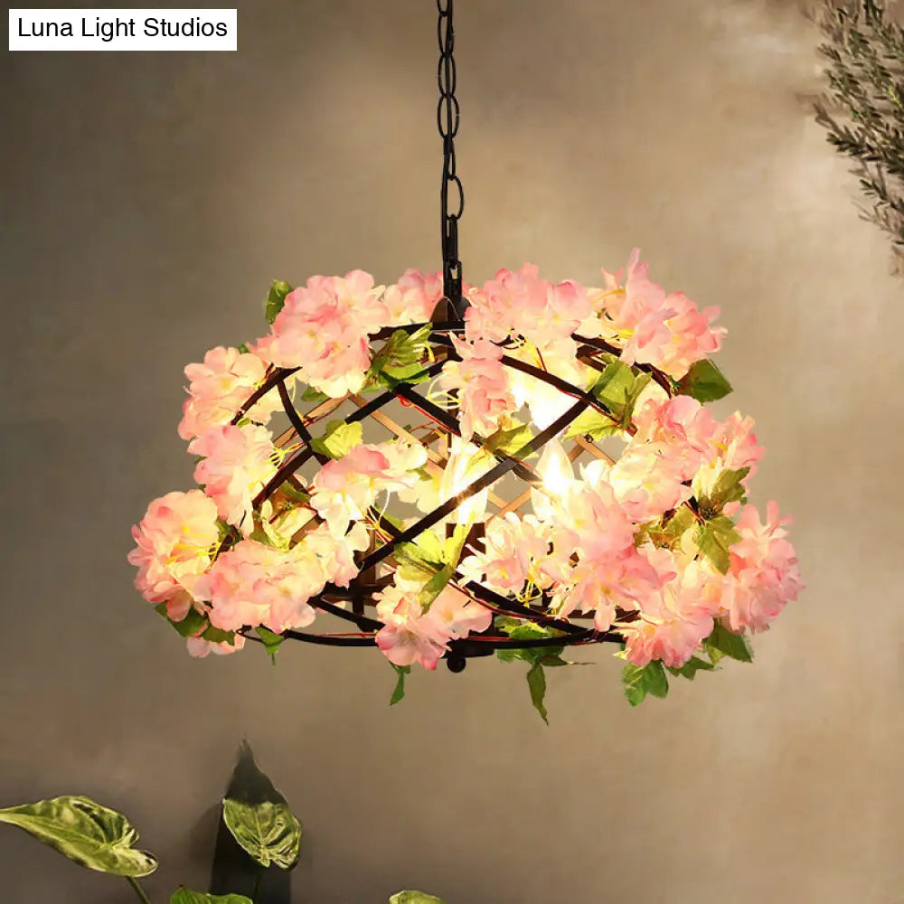 Industrial Metal Led Chandelier Light With Bird Nest Design In Pink Cherry Blossom Inspired- Set Of