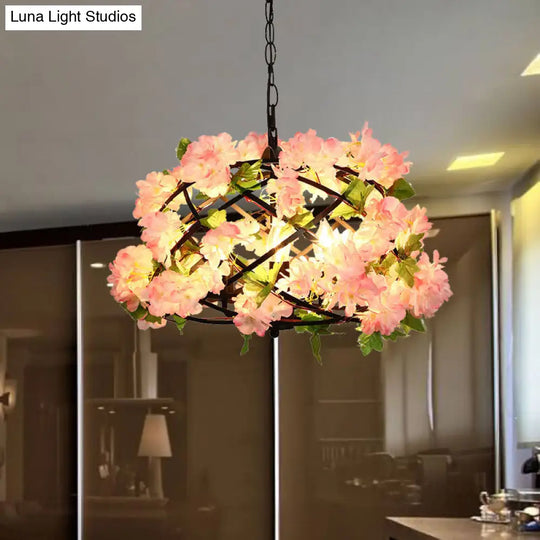 Industrial Metal Led Chandelier Light With Bird Nest Design In Pink Cherry Blossom Inspired- Set Of