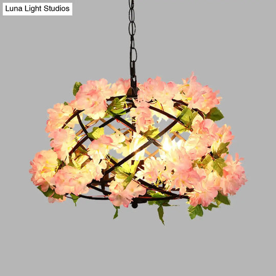 Industrial Metal Led Chandelier Light With Bird Nest Design In Pink Cherry Blossom Inspired- Set Of