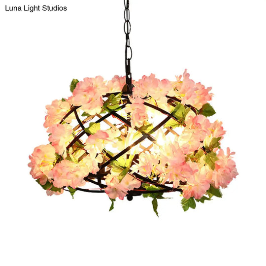 Industrial Metal Led Chandelier Light With Bird Nest Design In Pink Cherry Blossom Inspired- Set Of