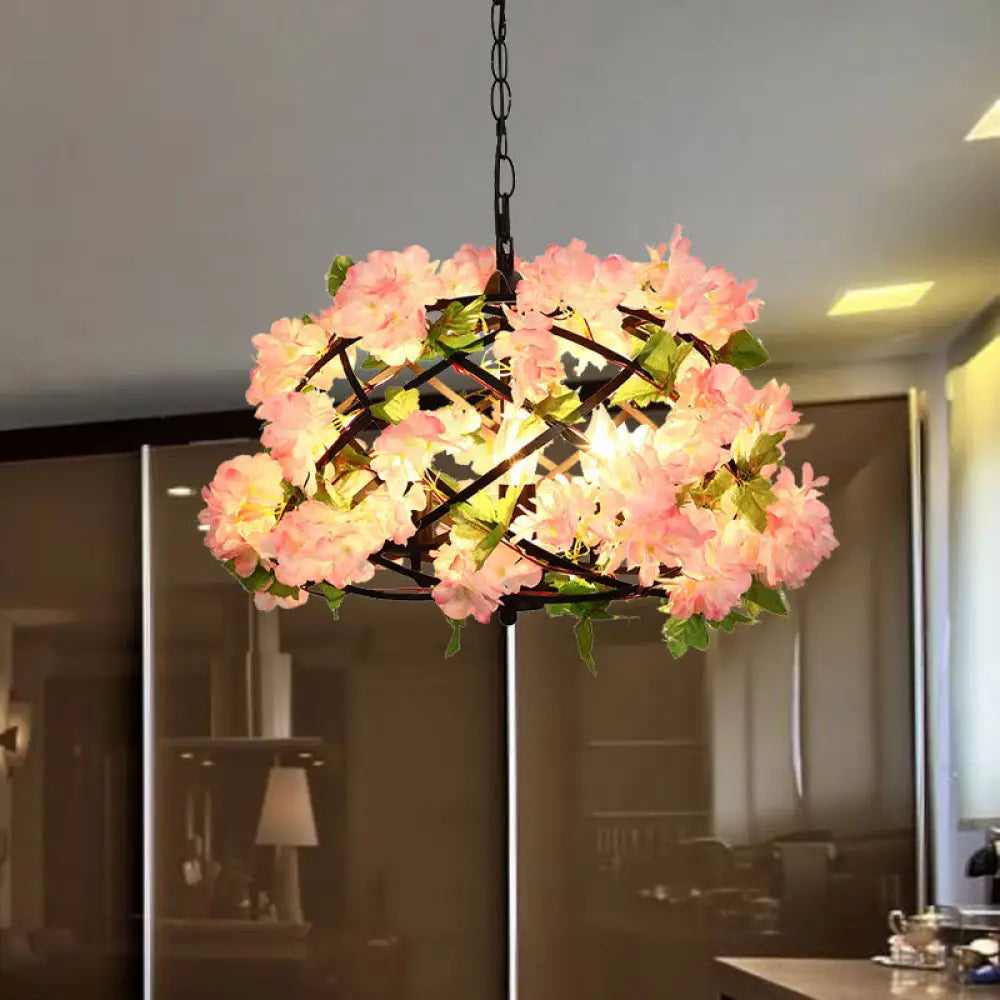 Industrial Metal Led Chandelier Light With 3 Bulbs In Pink Cherry Blossom Design