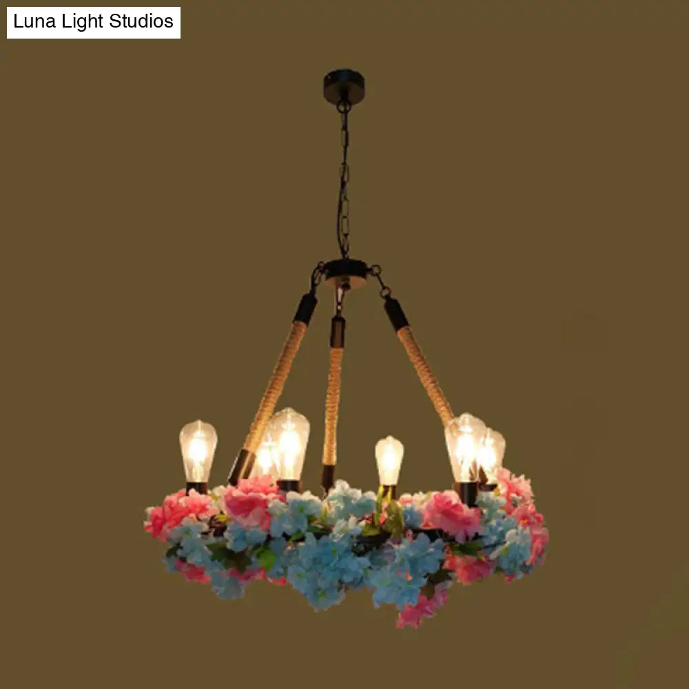 Industrial Metal Led Chandelier With 6 Bulbs Black Finish And Cherry Blossom Detail