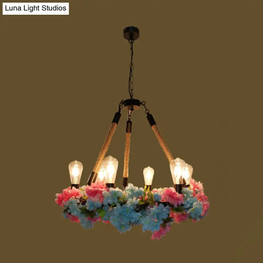 Industrial Metal Led Chandelier With 6 Bulbs Black Finish And Cherry Blossom Detail