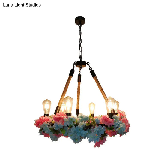 Industrial Metal Led Chandelier With 6 Bulbs Black Finish And Cherry Blossom Detail