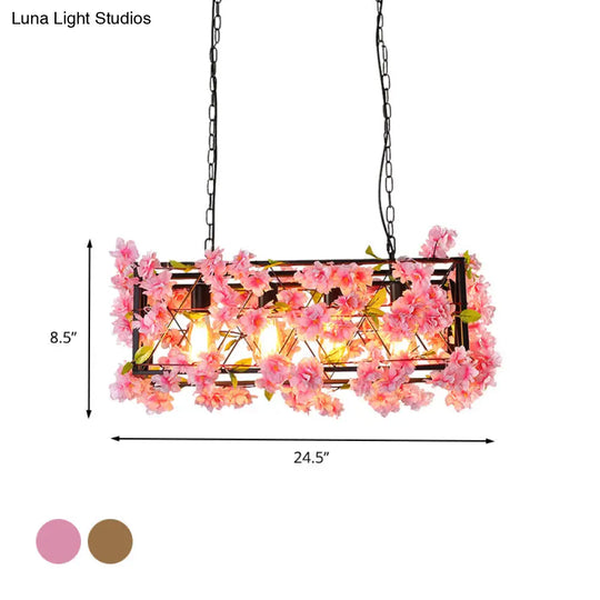 Industrial Metal Led Hanging Lamp In Pink/Brown With Flower Decoration - 4-Light Rectangle Island