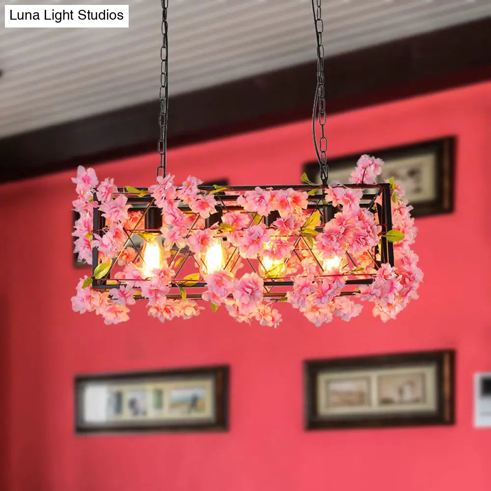 Industrial Metal Led Hanging Lamp In Pink/Brown With Flower Decoration - 4-Light Rectangle Island