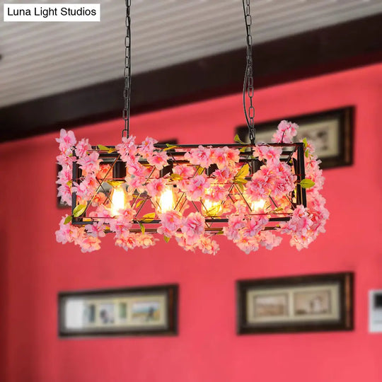 Industrial Metal Led Hanging Lamp In Pink/Brown With Flower Decoration - 4-Light Rectangle Island