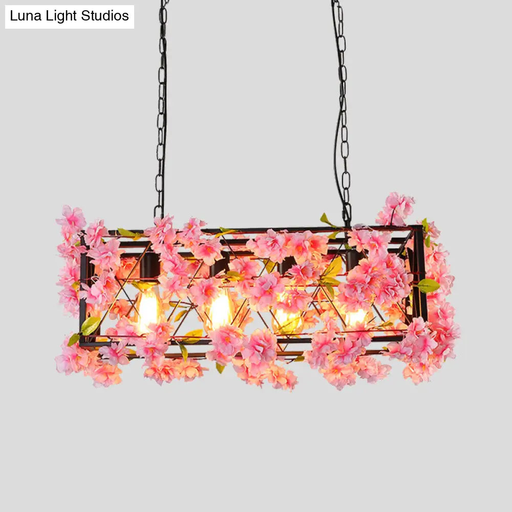 Industrial Metal Led Hanging Lamp In Pink/Brown With Flower Decoration - 4-Light Rectangle Island