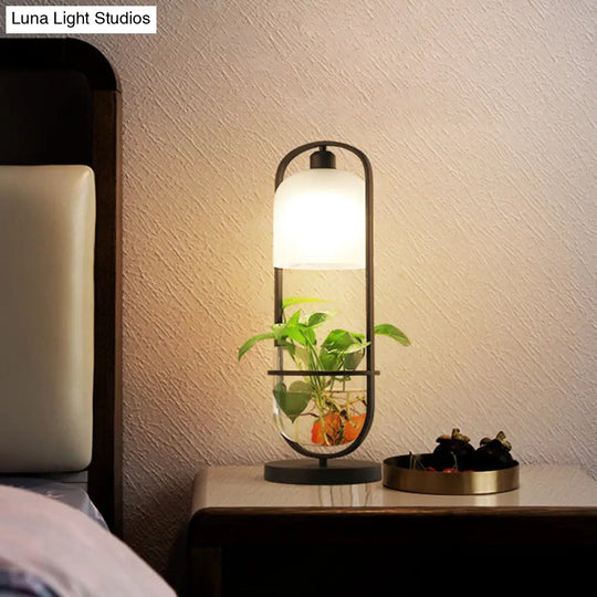 Industrial Metal Led Nightstand Lamp With Plant Container - Black Oval Design For Living Room