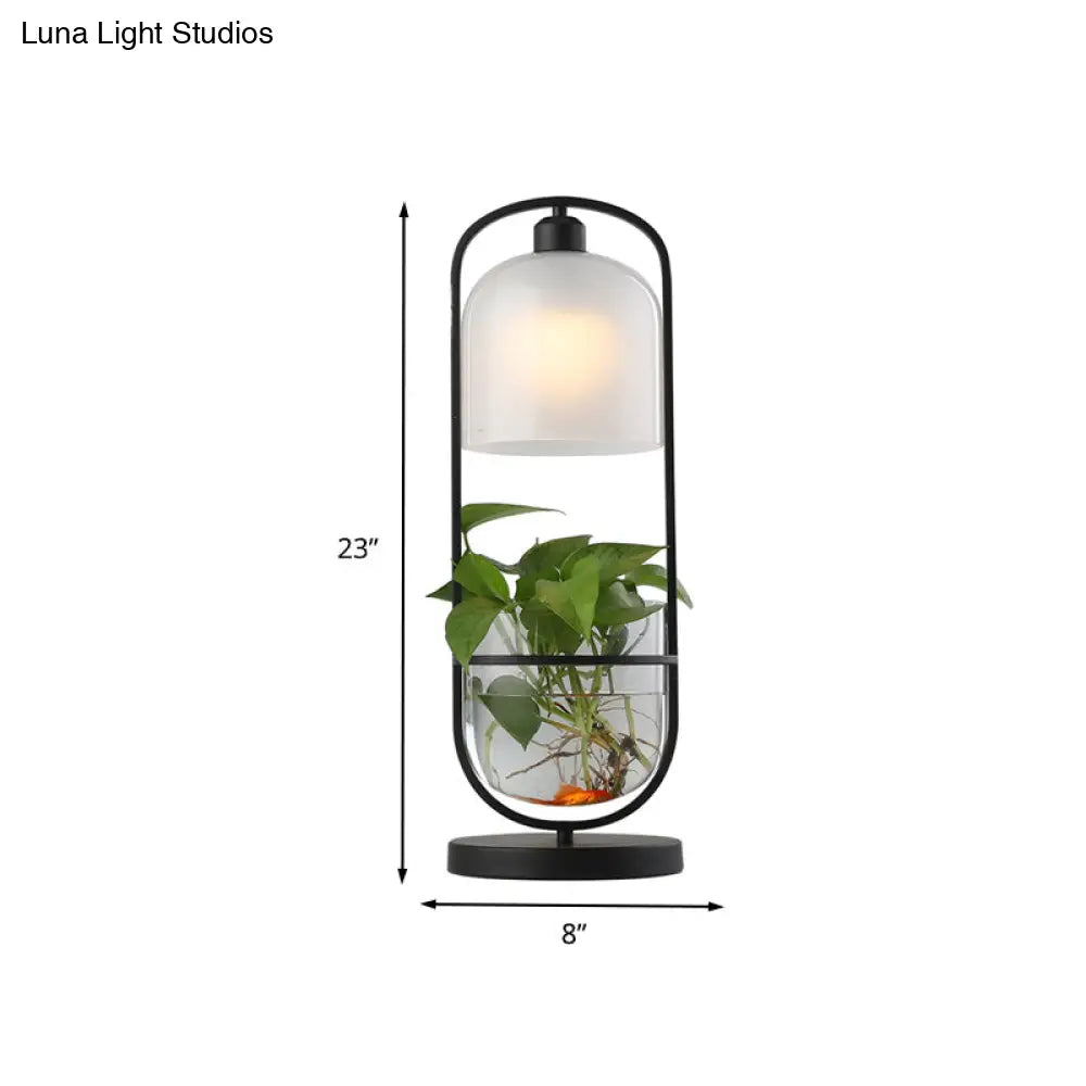 Industrial Metal Led Nightstand Lamp With Plant Container - Black Oval Design For Living Room