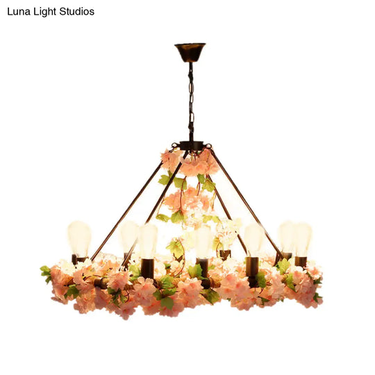 Industrial Metal Led Pendant Light With 10 Bulbs - Pink/Green Finish Perfect For Restaurants