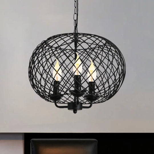 Industrial Metal Mesh Drum Shade Chandelier Lamp - Black 3-Bulb Hanging Ceiling Fixture For Dining