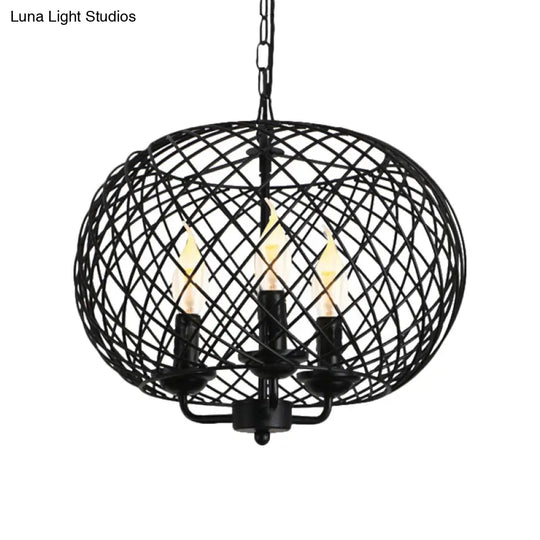 Industrial Black Mesh Drum Chandelier - 3-Bulb Hanging Lamp For Dining Room Ceiling Fixture