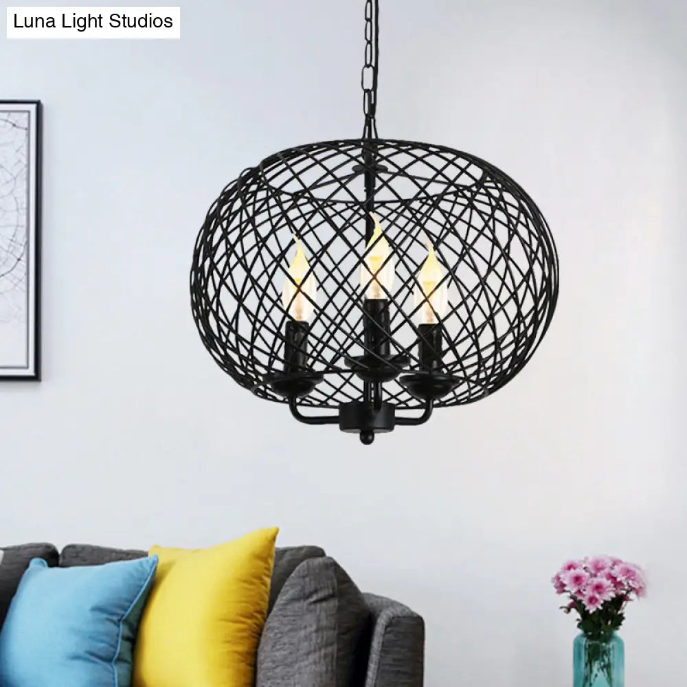 Industrial Metal Mesh Drum Shade Chandelier Lamp - Black 3-Bulb Hanging Ceiling Fixture For Dining